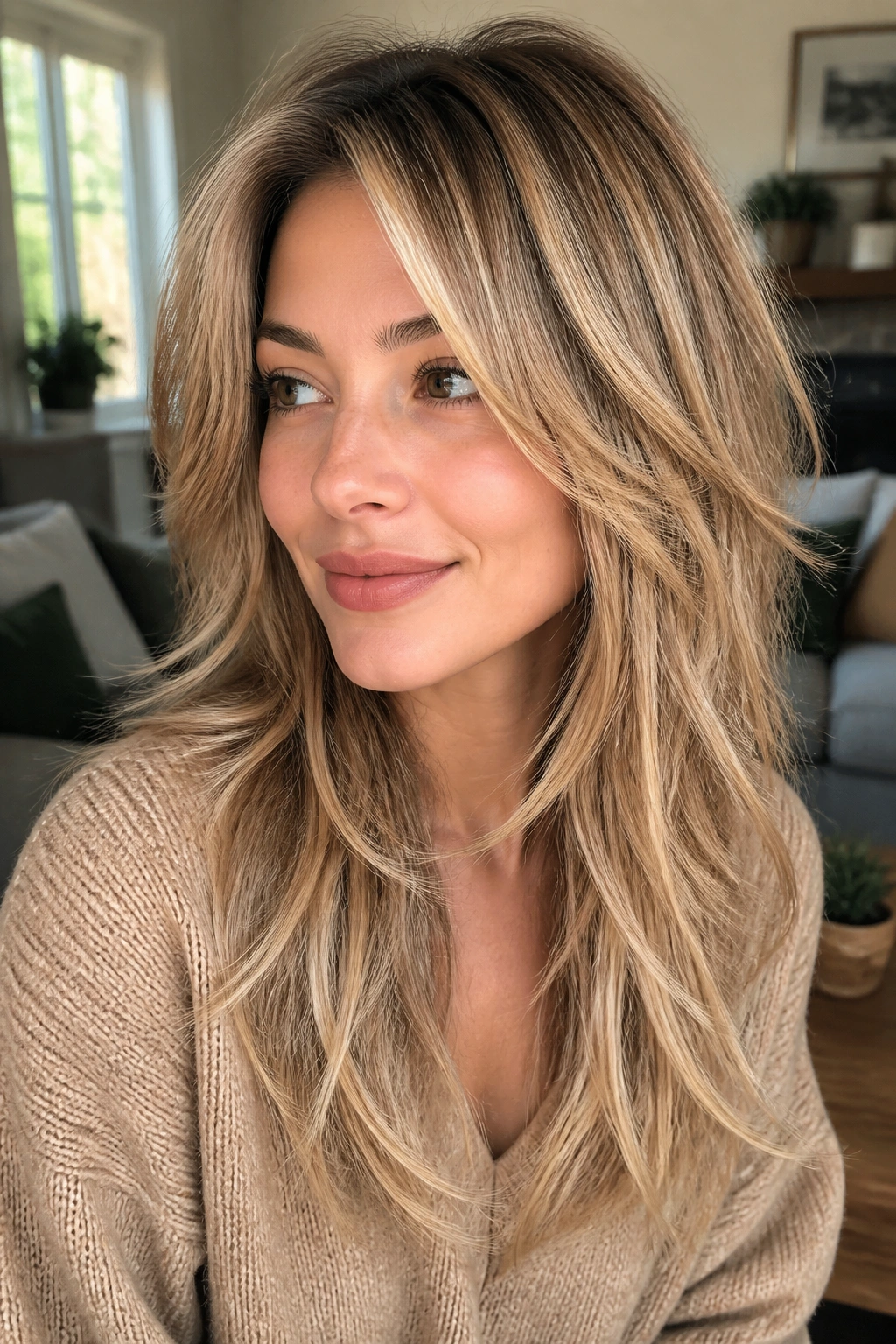 Close-up portrait of a woman with long shag and dimensional blonde highlights