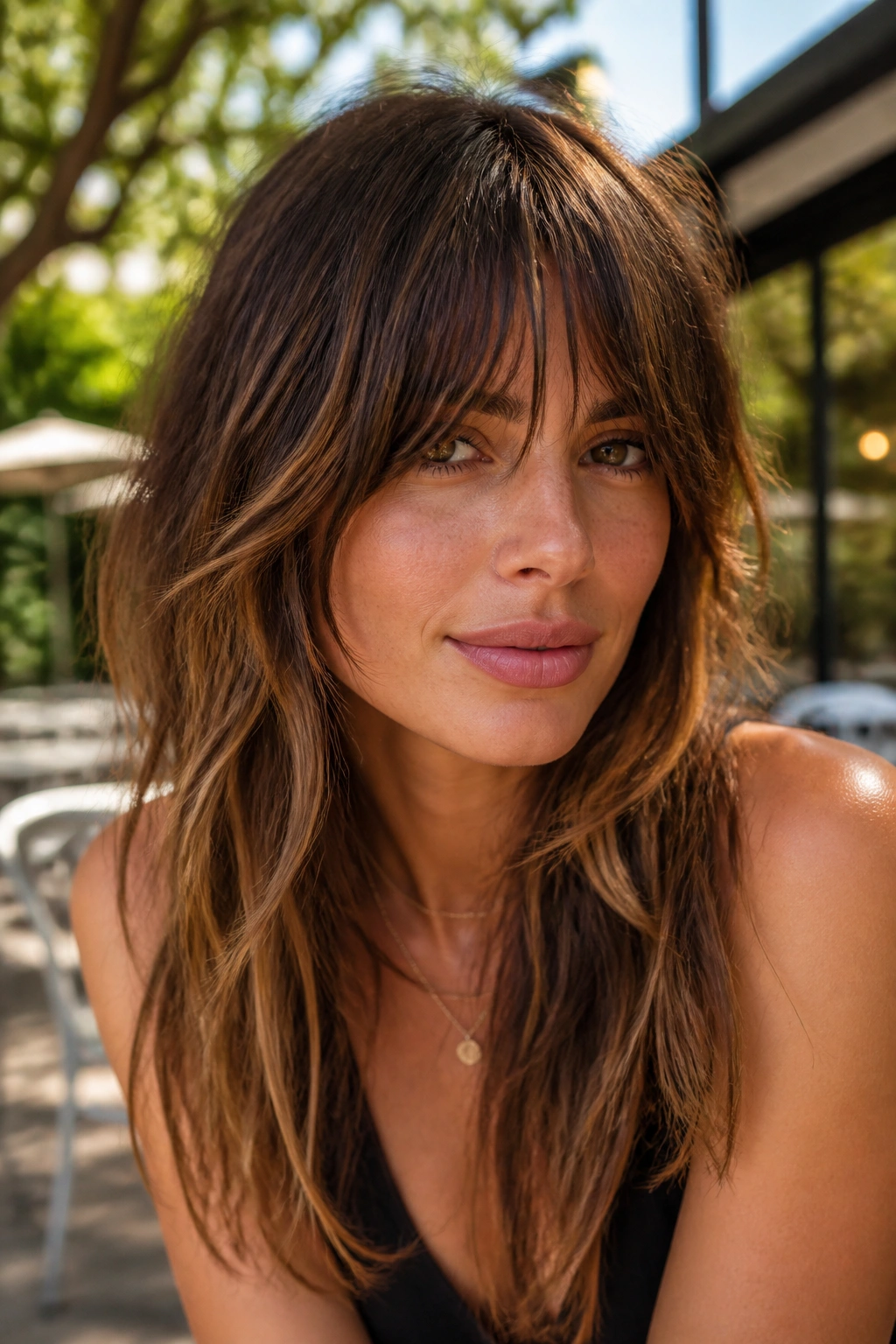 Close-up of long shag bangs with razored texture on a real woman
