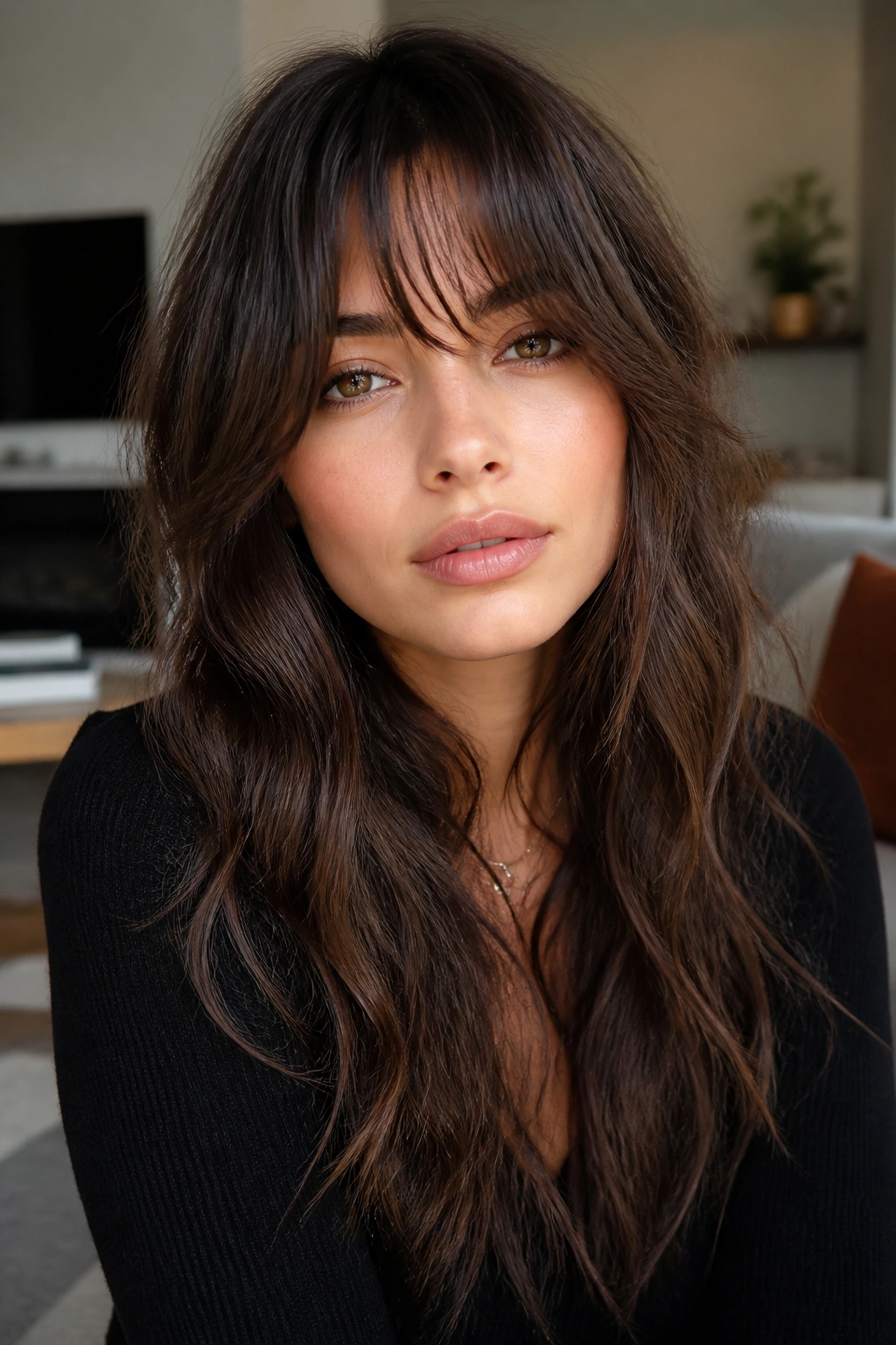 Close-up of a real woman with long shag bangs blending into cheekbone layers