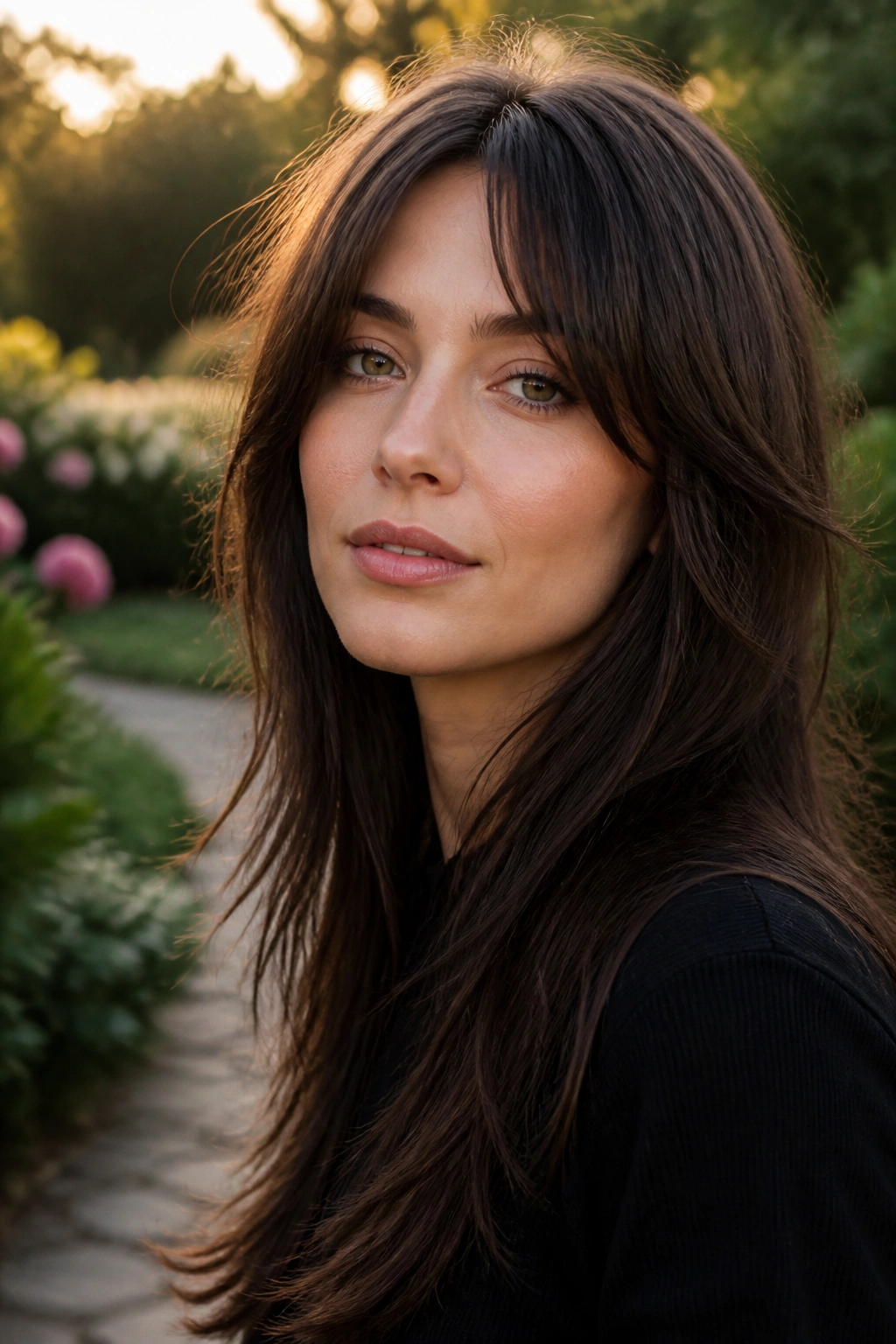 Real woman with long shag and subtle layers outdoors at golden hour