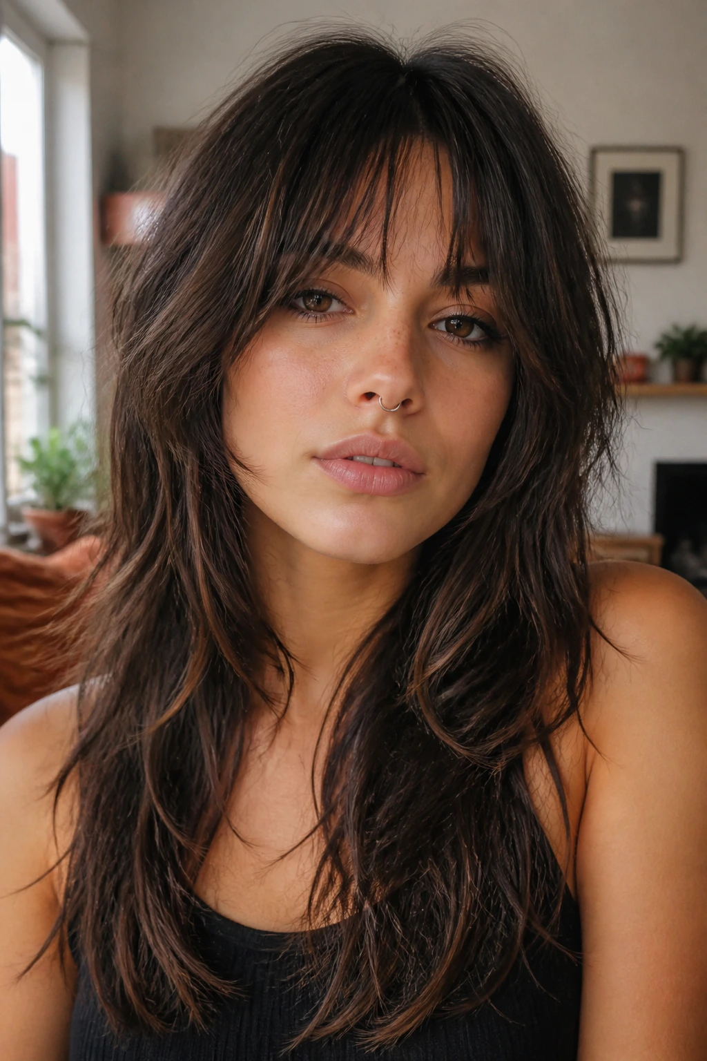 Close-up portrait of a real person with long shag and bottleneck bangs