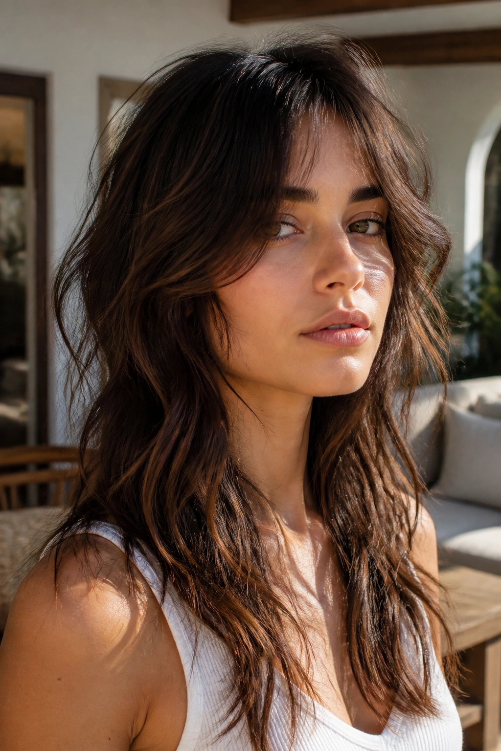 Real woman with long shag and cheekbone fringe