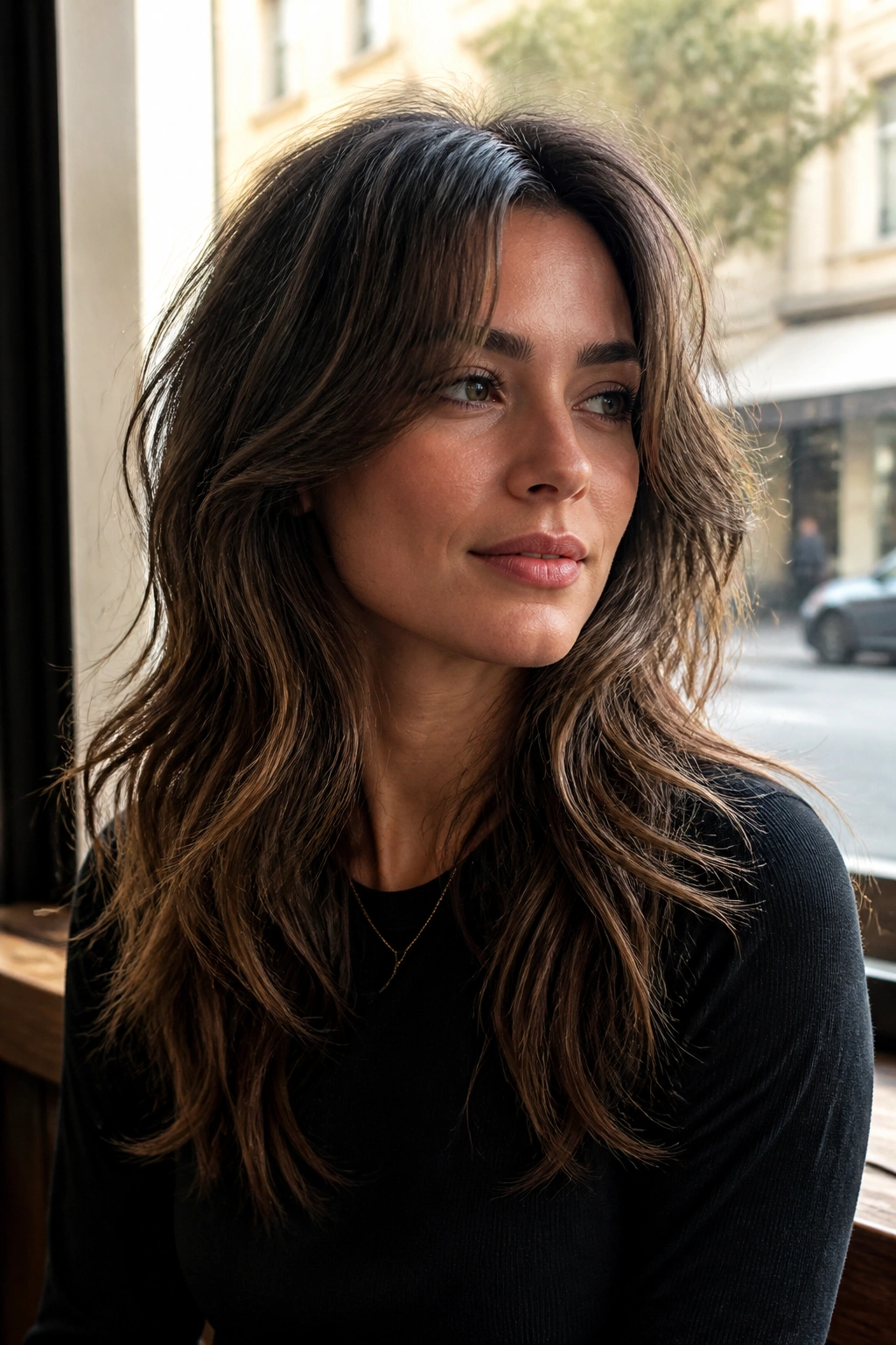 Three-quarter portrait of a real woman with long shag and cheekbone layers by a window
