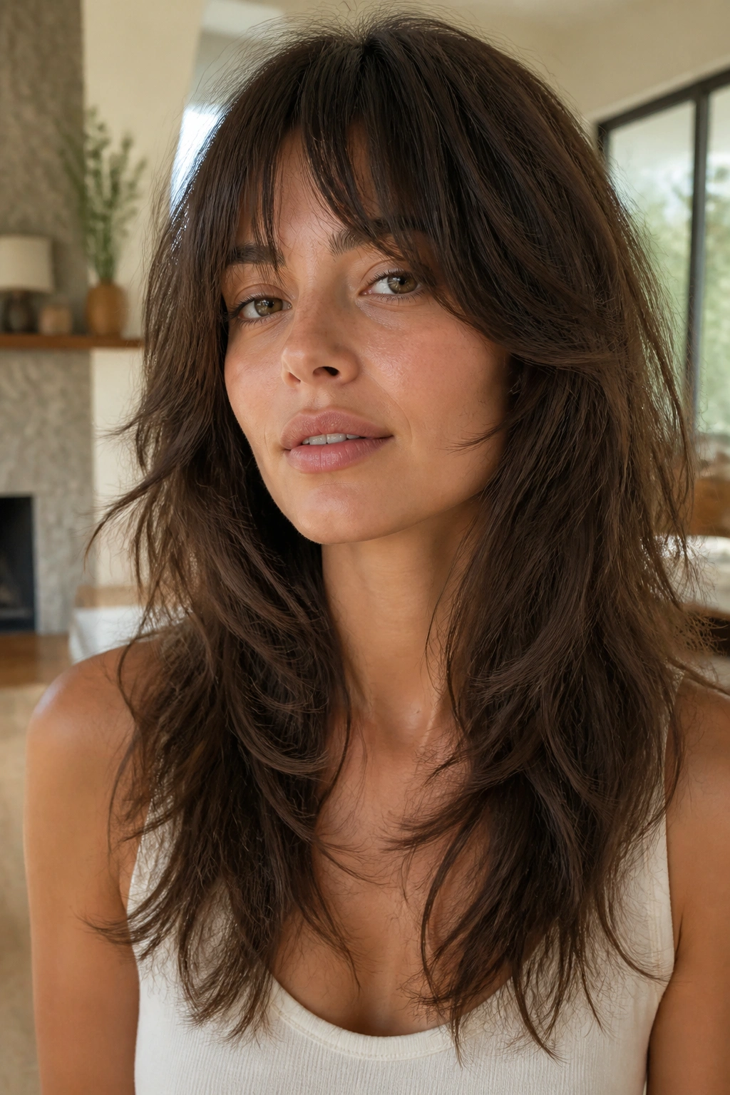 Close-up of a real woman with a long shag and cheekbone layers