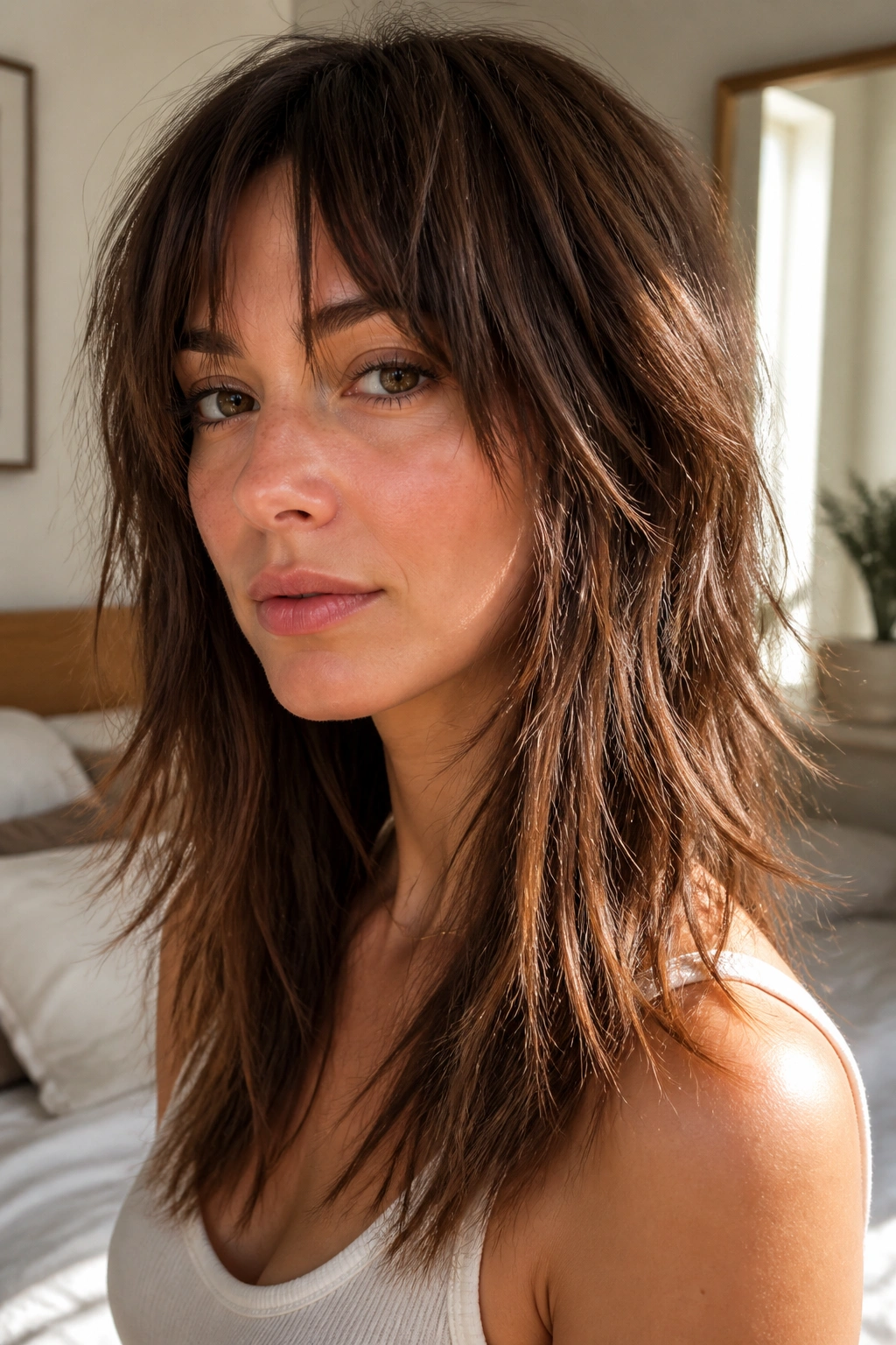 Close-up of a real woman with long shaggy ends on straight hair in sunlit bedroom