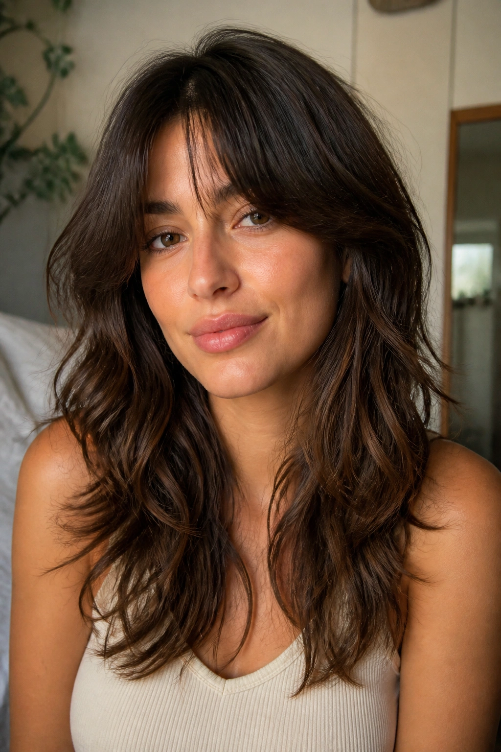 Close-up portrait of a real woman with long shag and curtain bangs