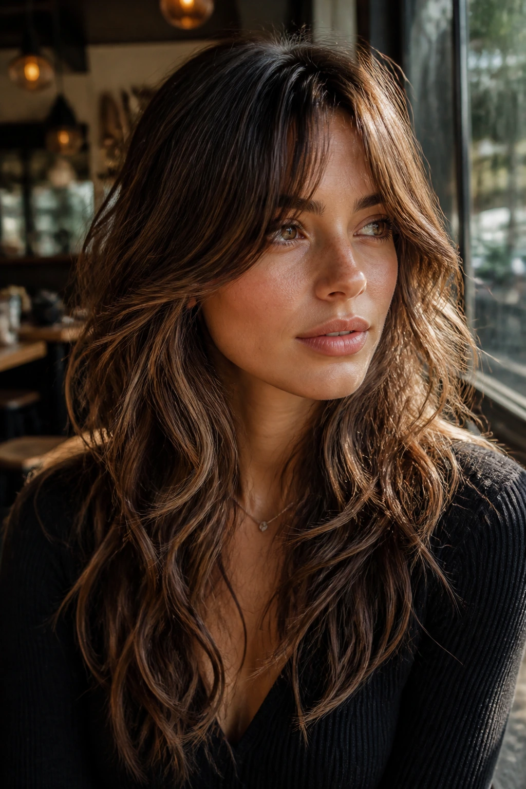 Close-up portrait of a real woman with curtain bangs and long shag layers.
