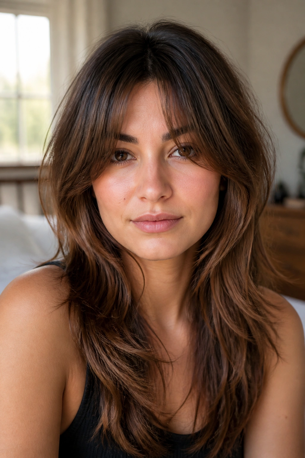 Close-up portrait of a real woman with long shag and curtain bangs for round faces