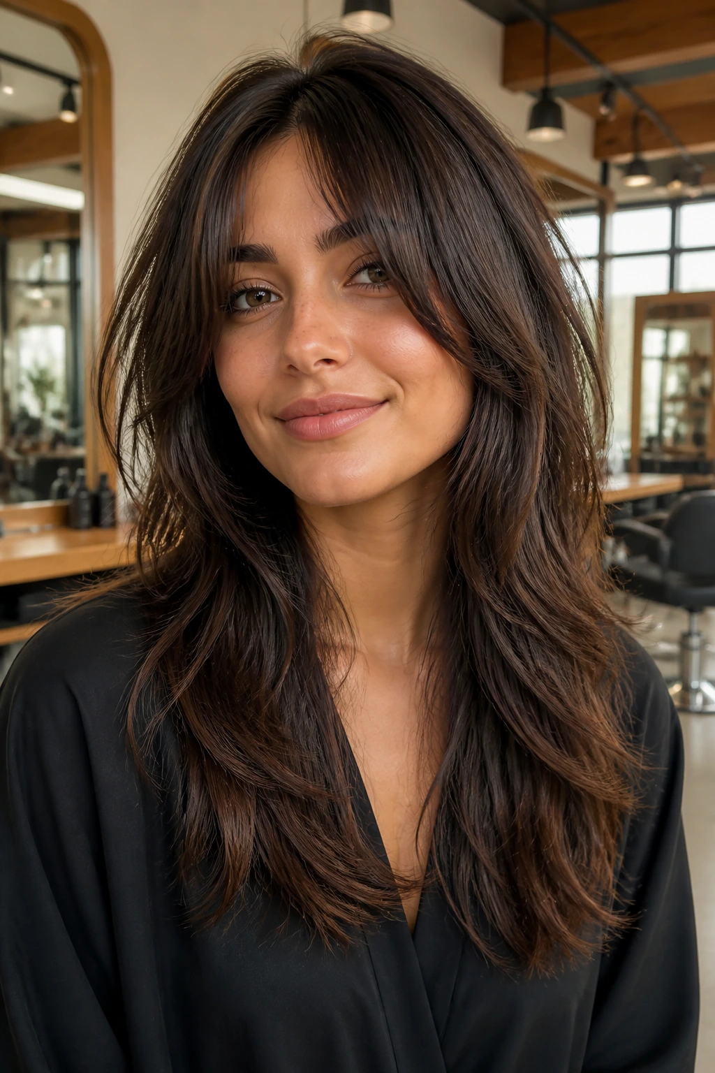 Portrait of a real person with a long shag cut showing textured layers and movement.