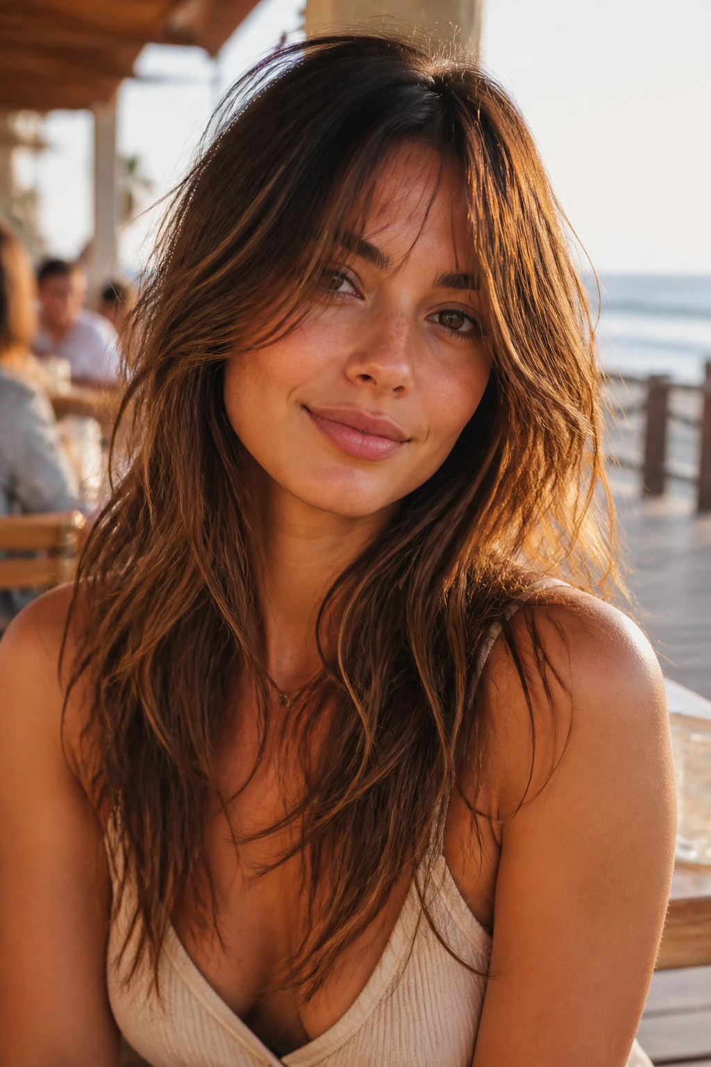 Close-up of a woman with long shag and face-framing layers by a beachside cafe