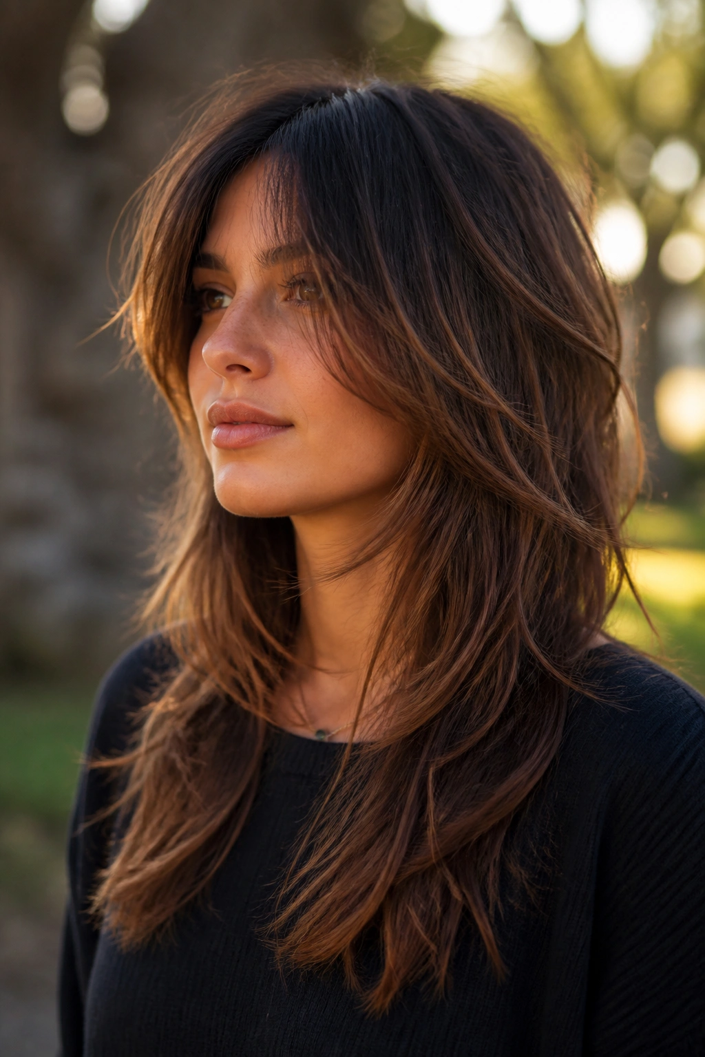 Close-up of a real woman with long shag and face-framing layers around the chin.