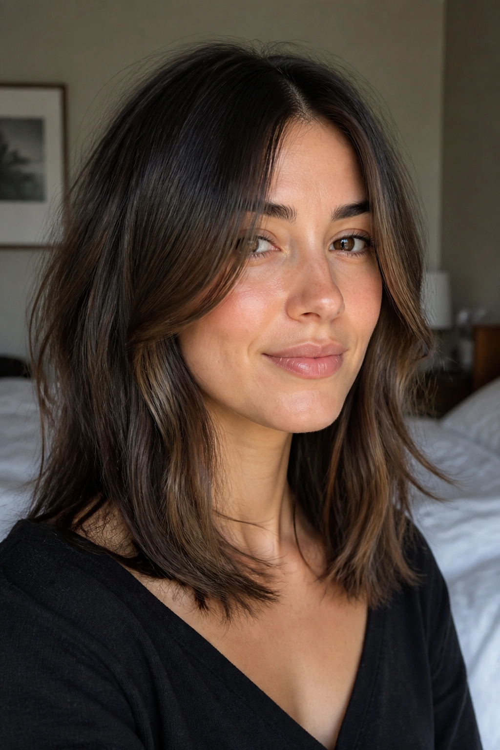 Close-up portrait of a real woman with long shag and soft face-framing layers.