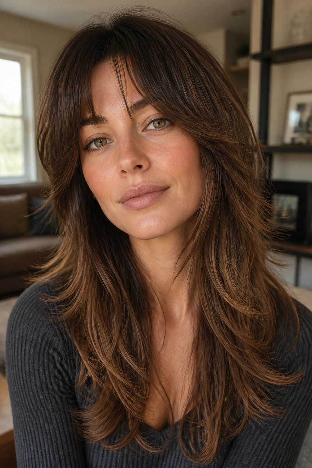 Close-up of real woman with long shag and feathered ends in natural light