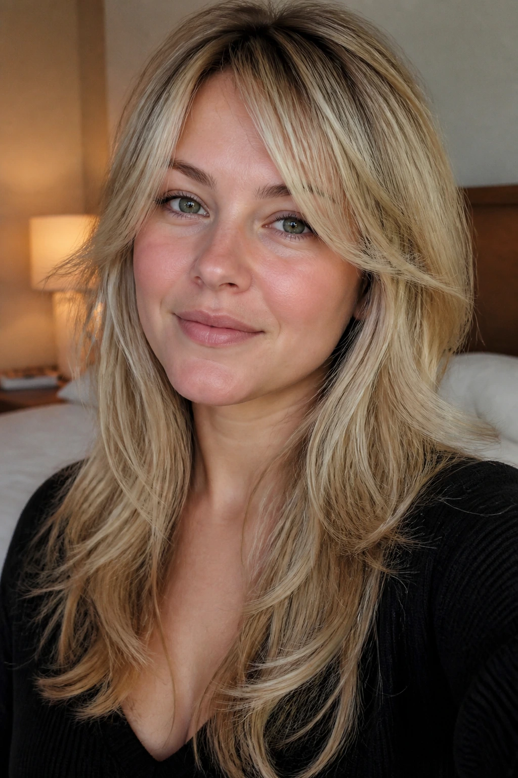 Close-up portrait of a real person with long shag for fine hair on a round face