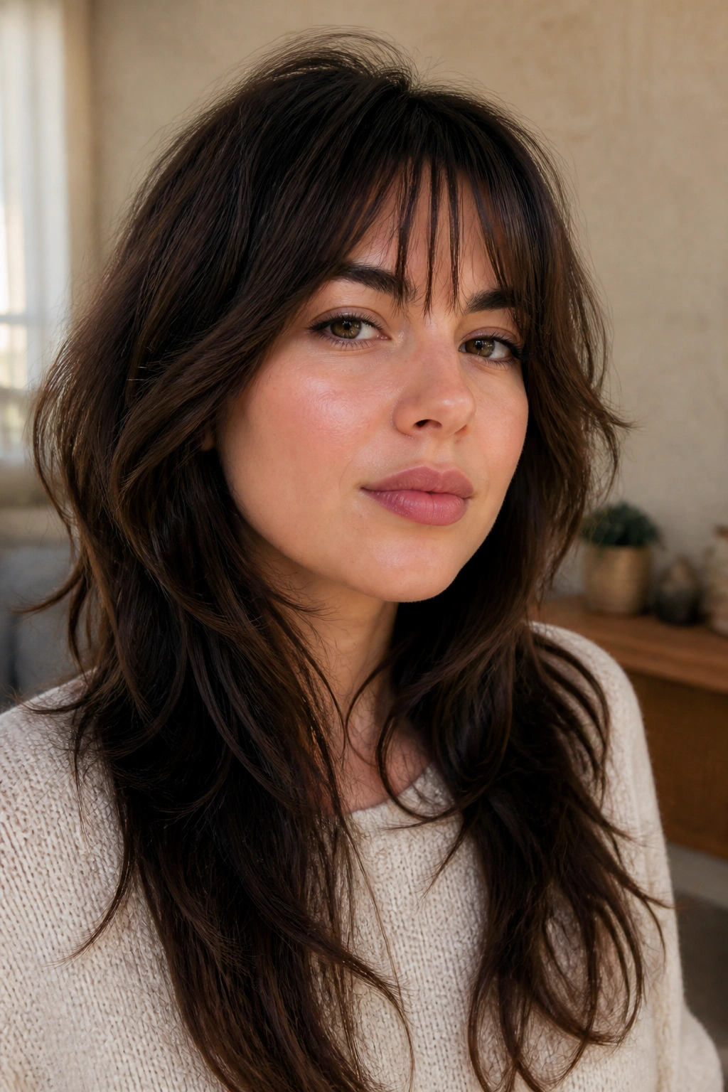 Close-up portrait of a real woman with long shag and choppy fringe framing a round face.