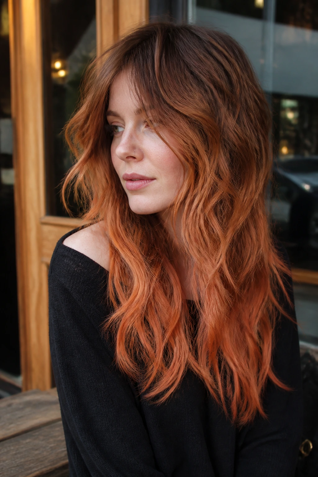 Close-up portrait of a real woman with long shagging ginger gradient