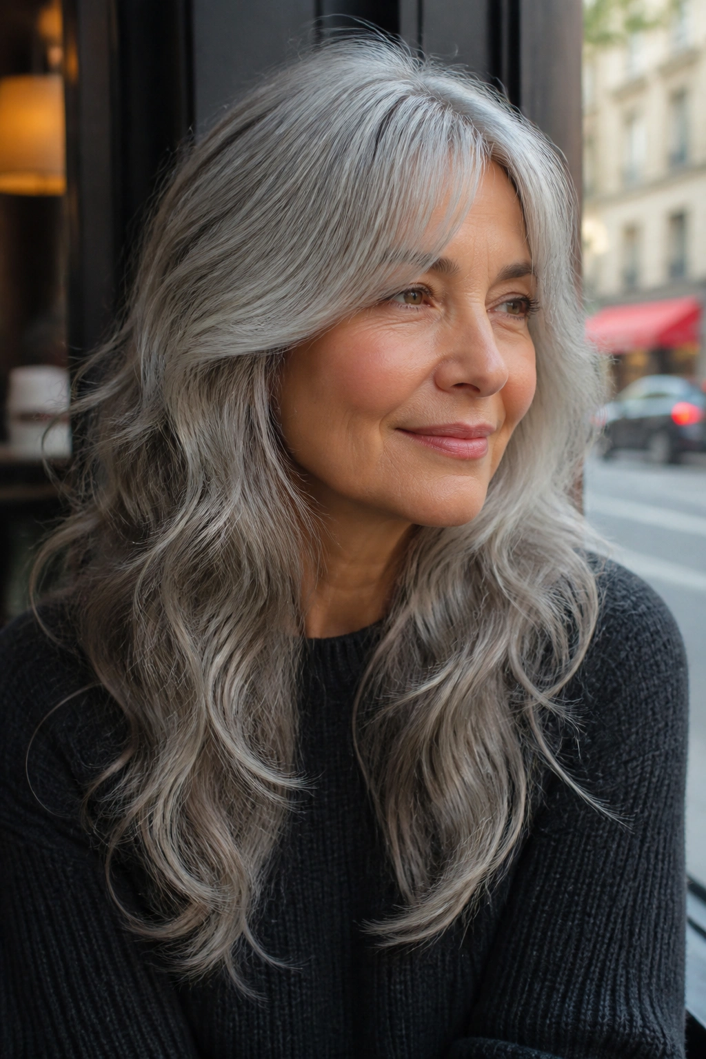 Three-quarter portrait of long gray hair with S-bends and curtain bangs