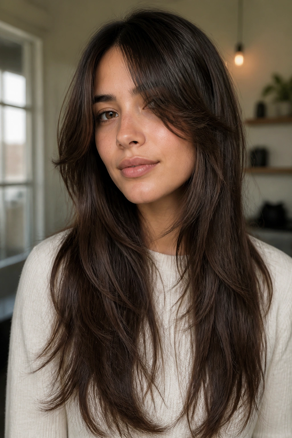 Close-up portrait of a real woman with long shag and invisible layers in soft light
