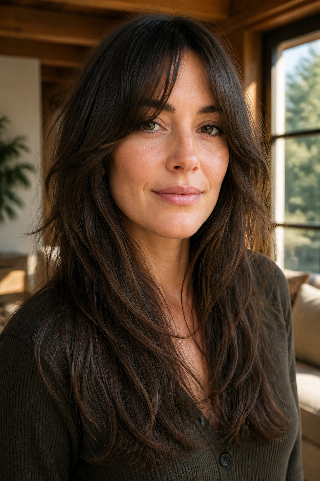 Close-up portrait of a woman with long shag hair featuring invisible layers and movement