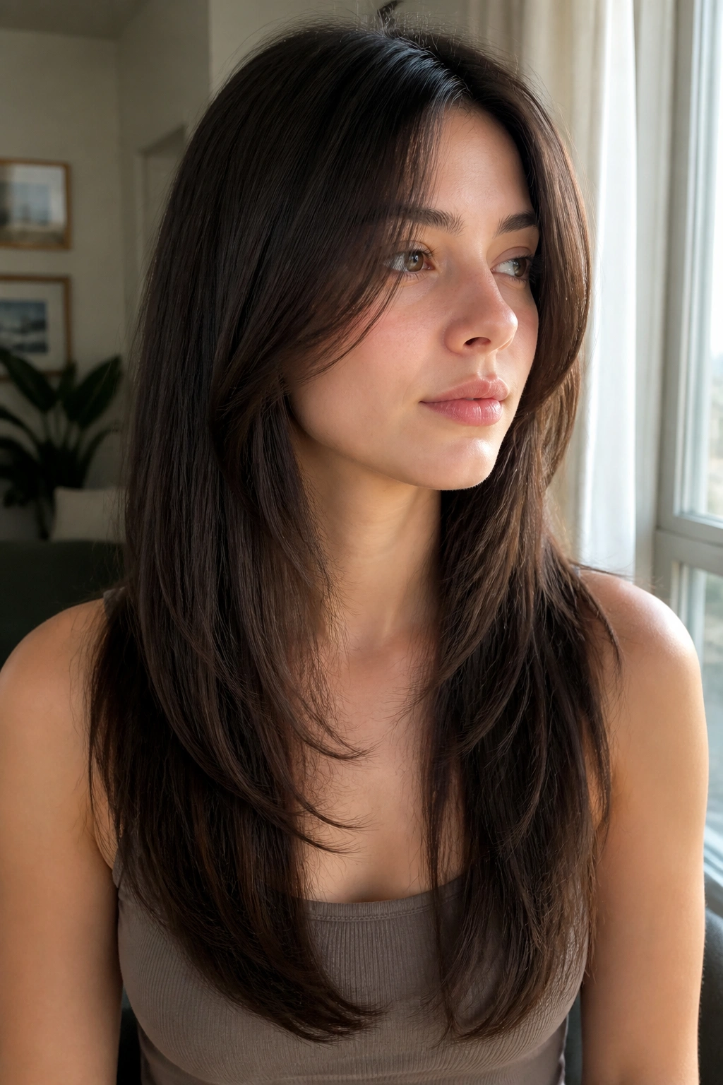 Close-up portrait of a real woman with long straight hair featuring invisible layers