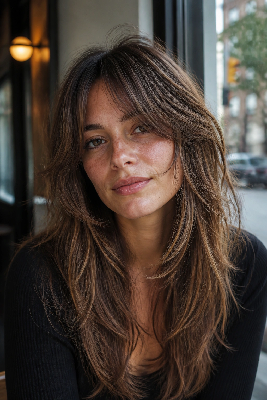Portrait of a real woman with long shag layers showing crown lift and textured ends