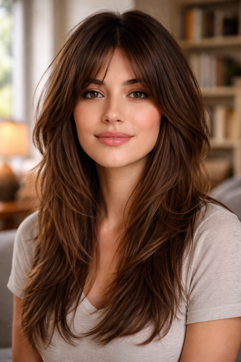 Real person with long layered shag in a cozy living room setting.