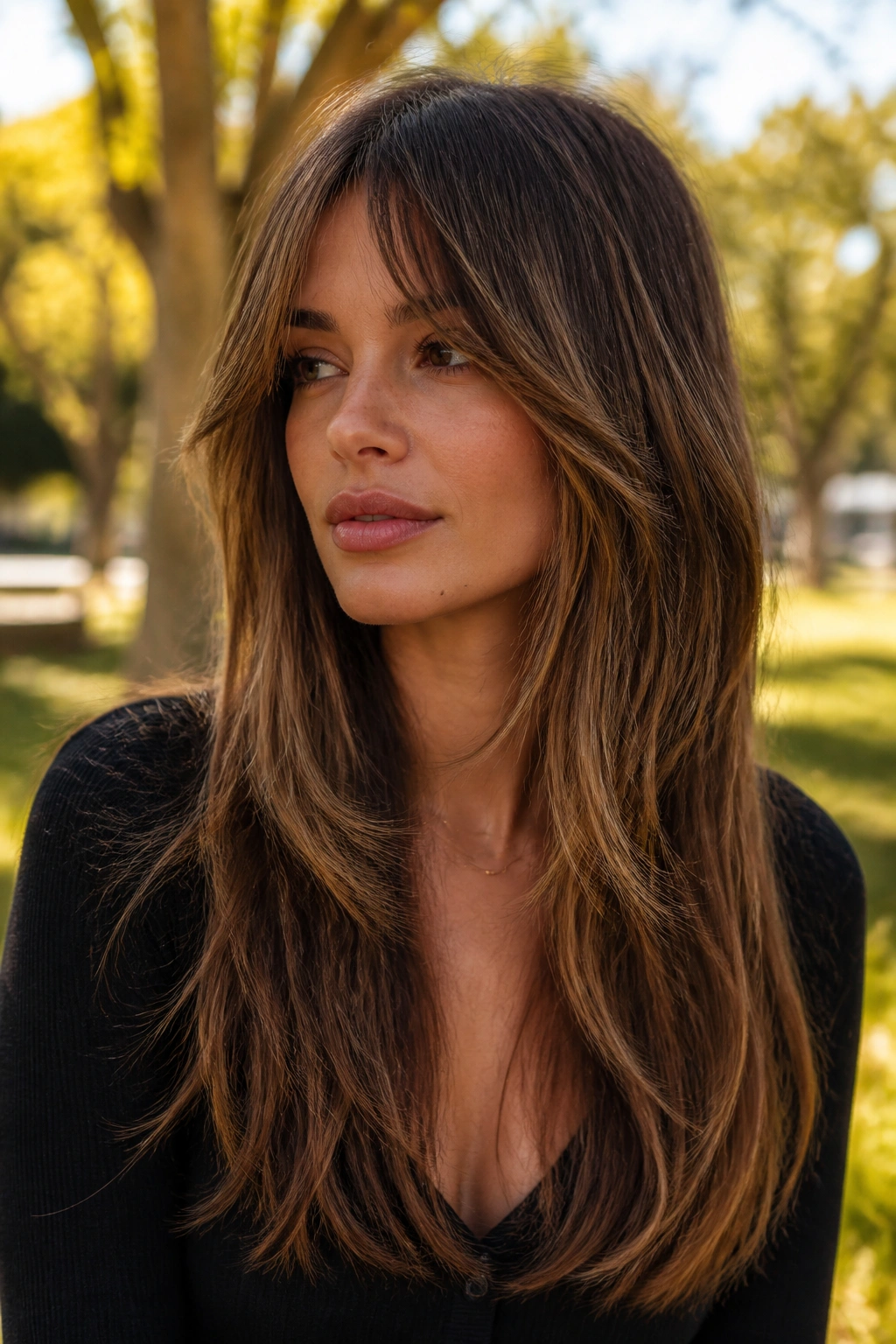 Real woman with long bohemian shag maintaining length, sunlit outdoor setting