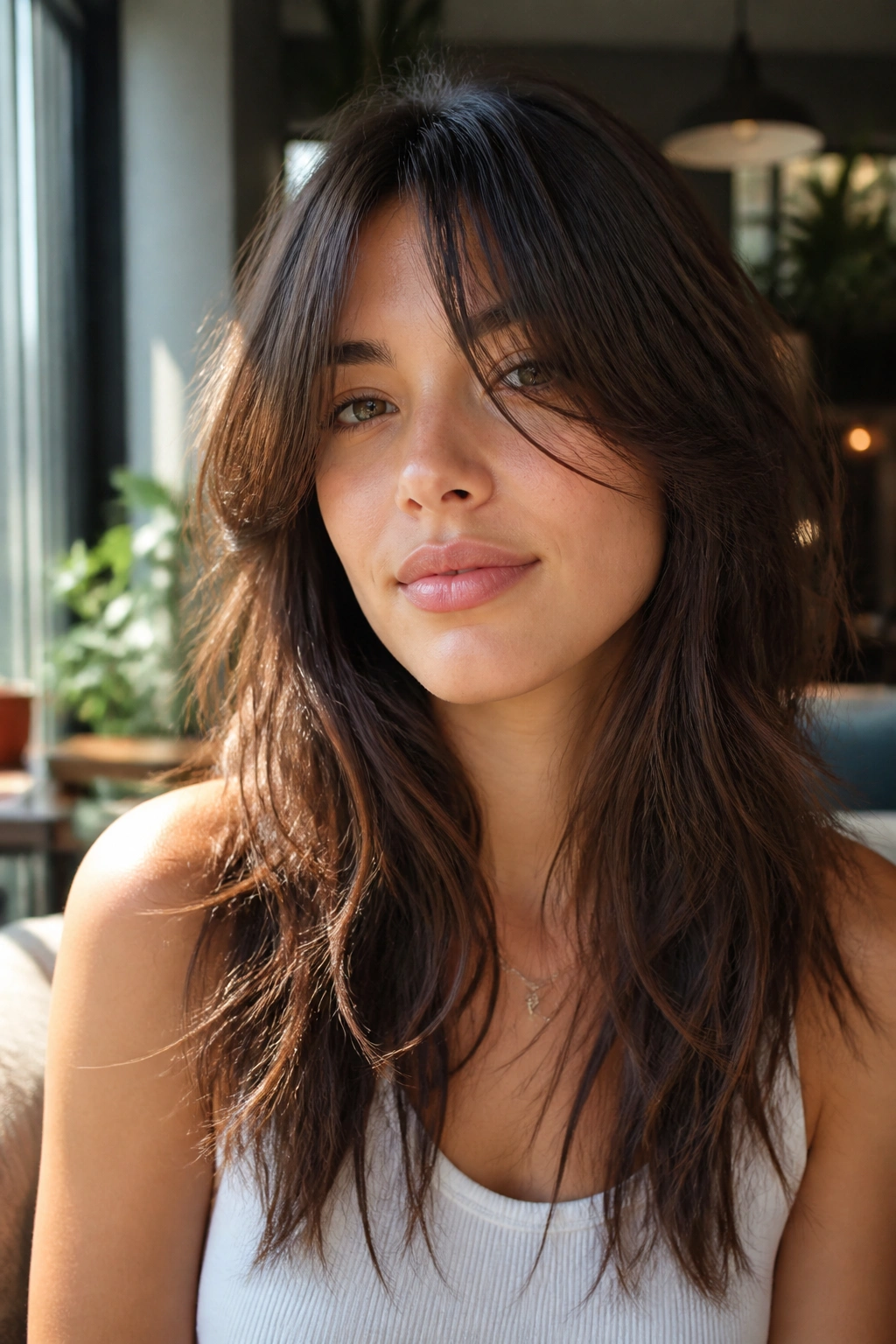Portrait of a woman with long shag haircut and piecey ends