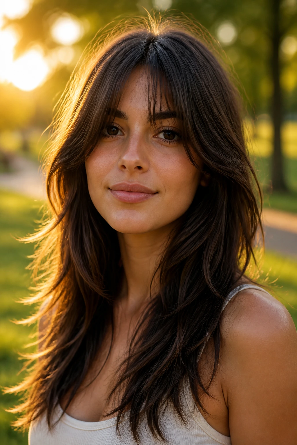 Close-up portrait of a real woman with a long shag and piecey ends in natural light