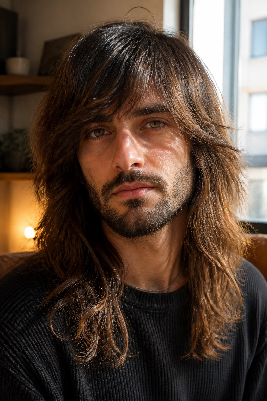 Close-up portrait of a real man with long layered shag hair reaching past the shoulders in a cozy sunlit room.