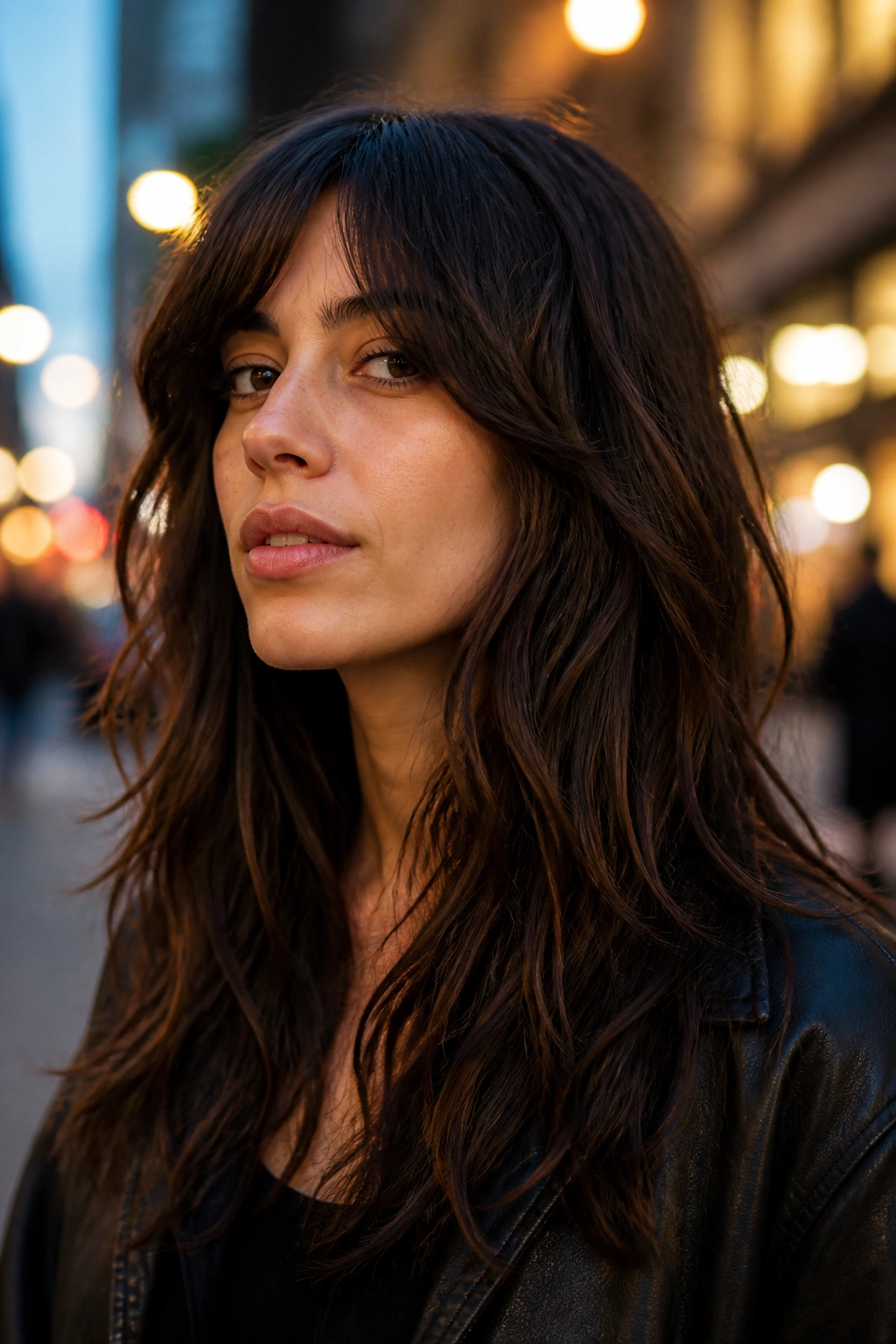 Portrait of a real woman with long shag and razored ends.