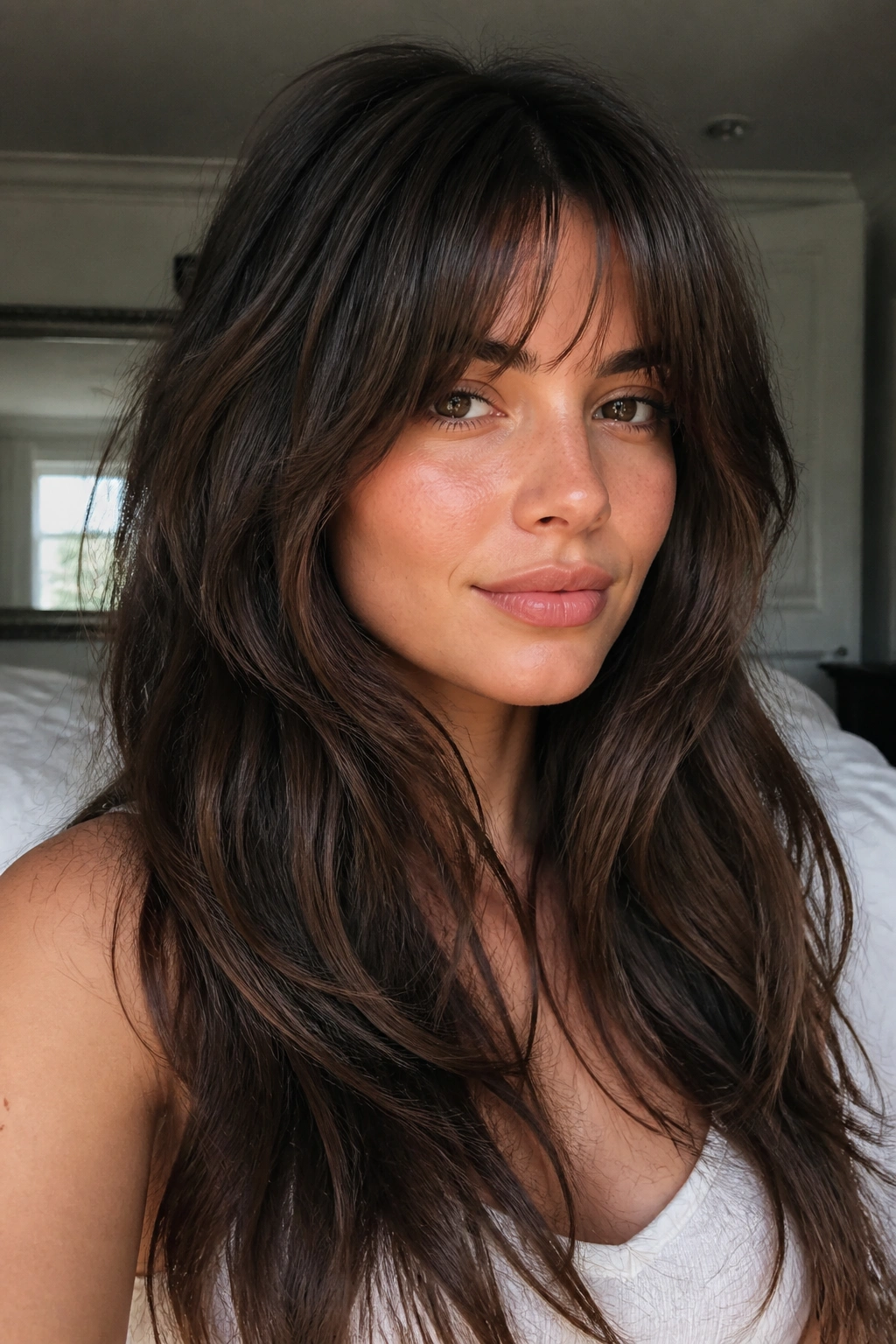 Frontal portrait of a real woman with long shag and soft fringe
