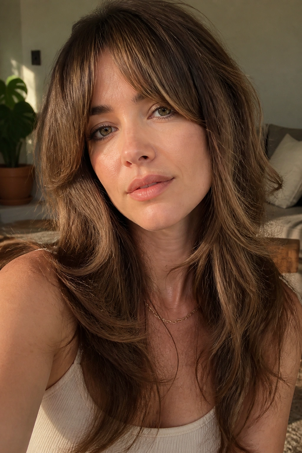 Close-up portrait of a real woman with long shag and soft internal layers