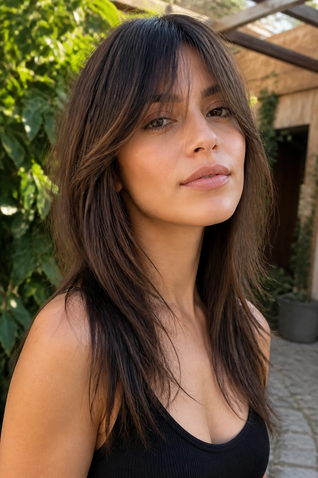 Close-up portrait of a real woman with long shag hair and tapered ends outdoors