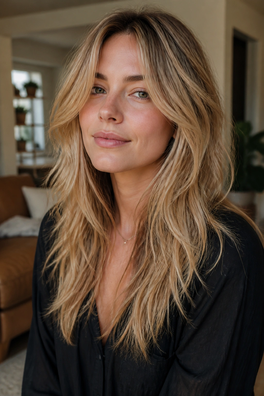 Close-up of a real woman with long shag layers and textured beige to ash blonde hair.
