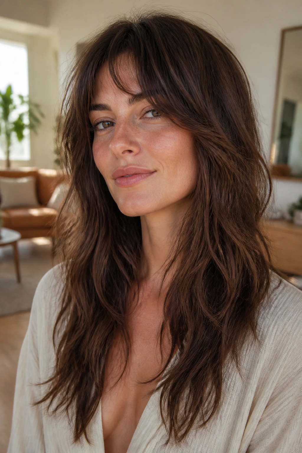 Close-up of a real woman with a long shag and wispy ends.