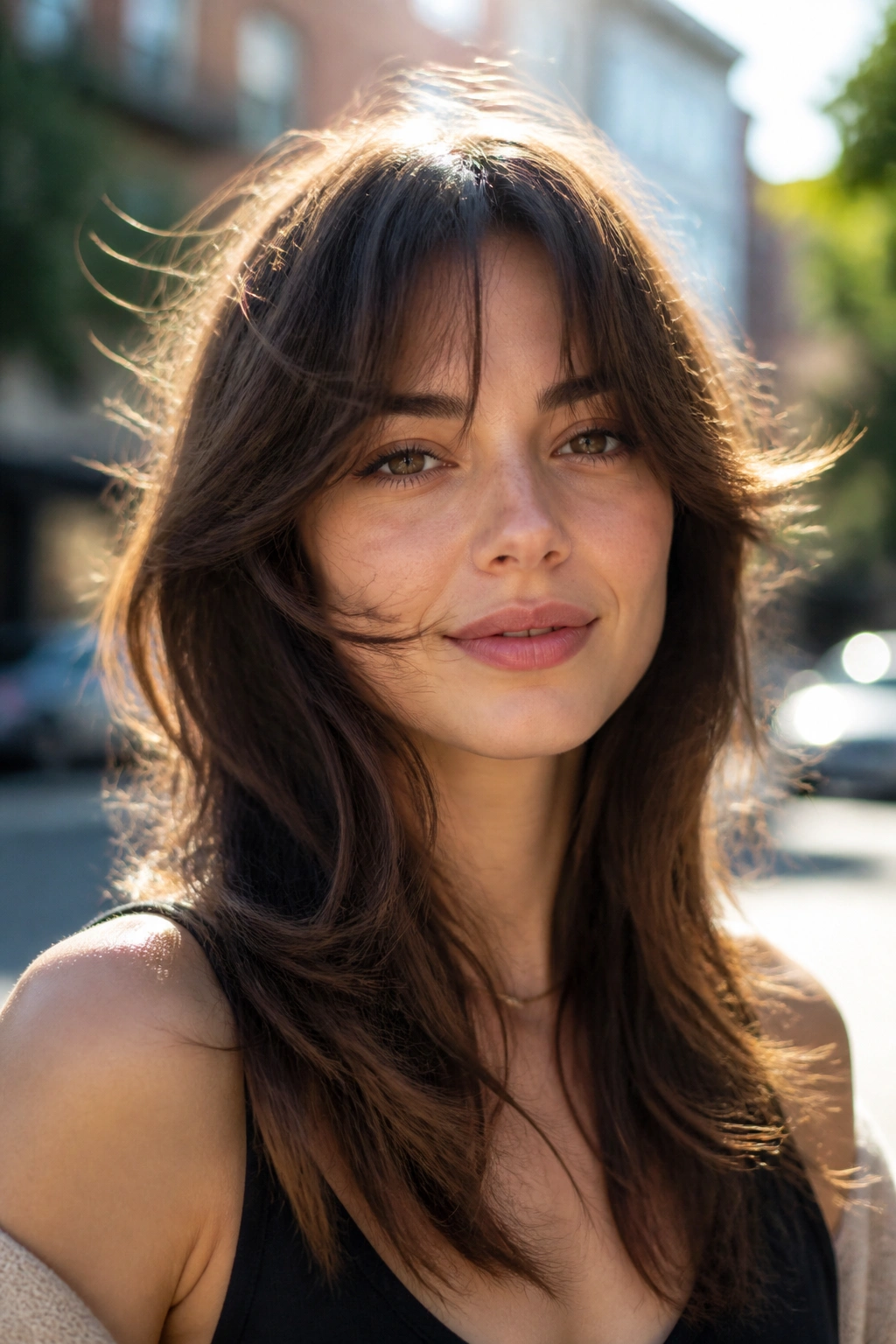 Close-up of a real woman with a long shag and wispy ends in a sunlit outdoor setting