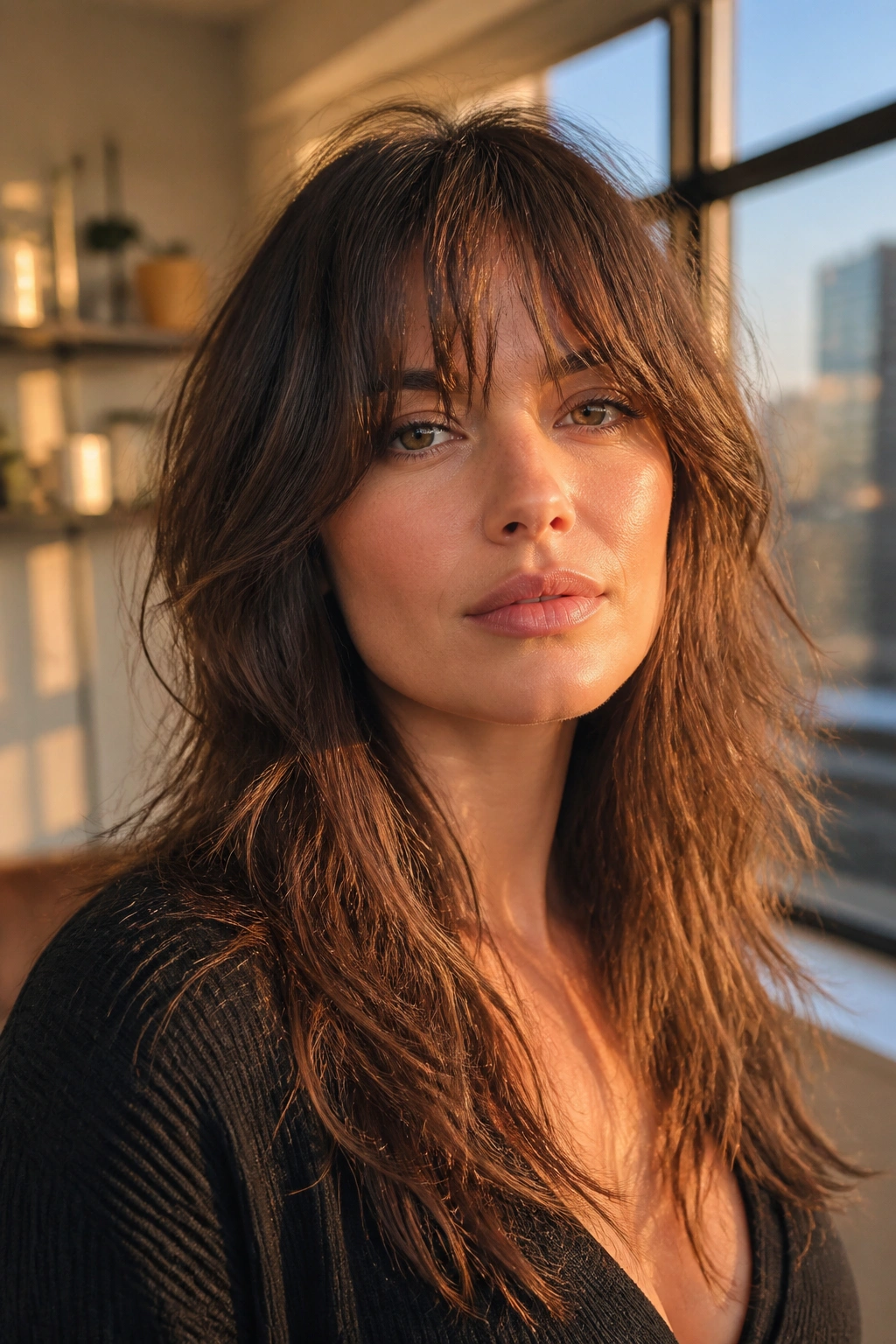 Portrait of a woman with long shag and wispy fringe in an urban apartment at golden hour