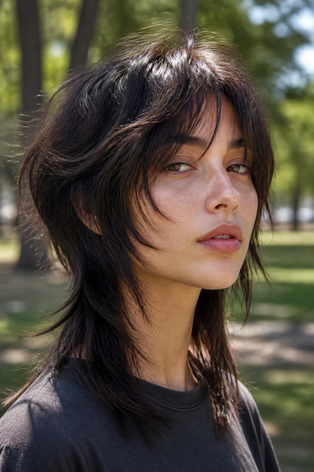 Close-up portrait of a real woman with long shaggy mullet and face-framing pieces outdoors