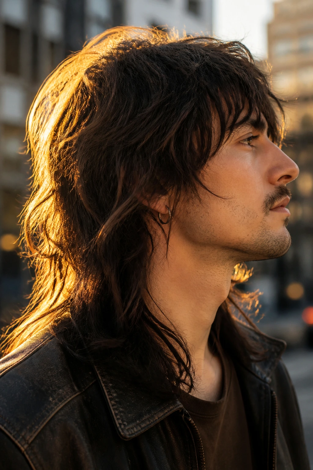 Close-up portrait of a real person with long shoulder-length shaggy mullet outdoors
