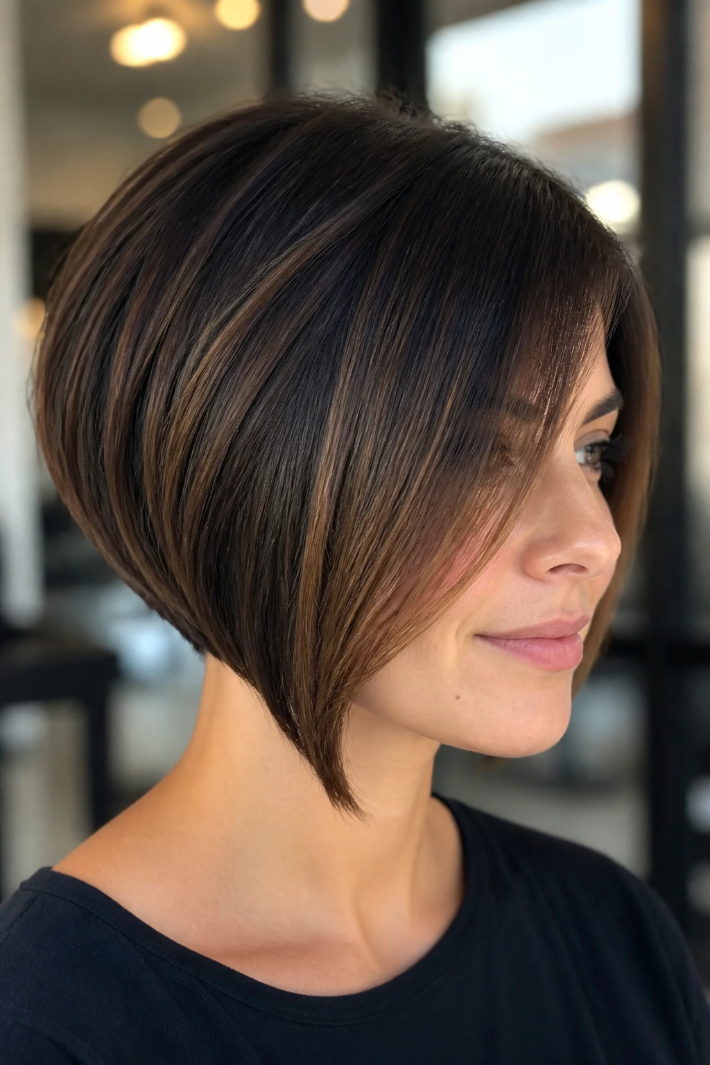 Close-up portrait of a real woman with long side bangs and compact back stack in a salon setting
