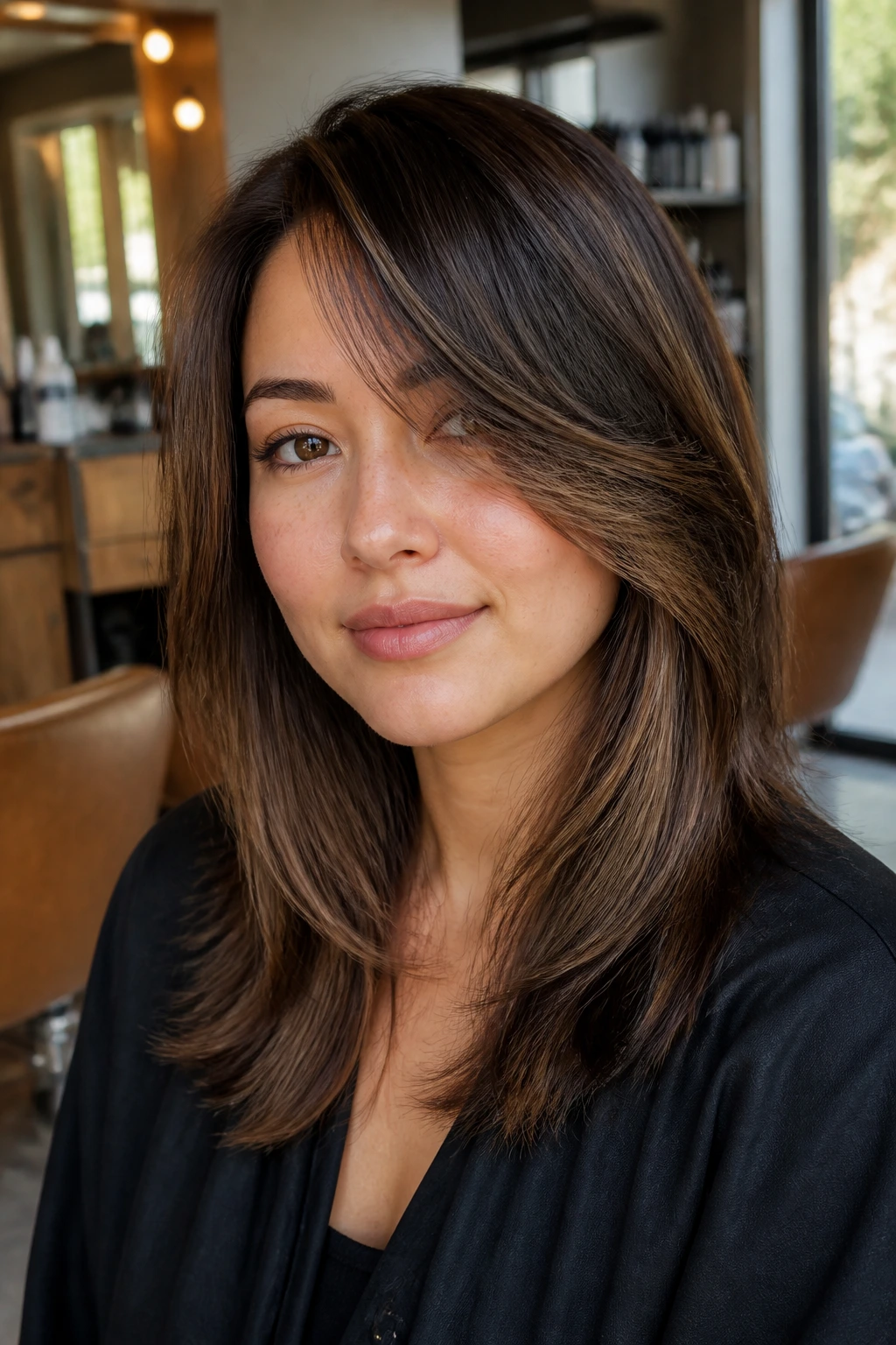 Close-up portrait of a real woman with long side bangs and face-framing layers for round faces in a sunlit salon