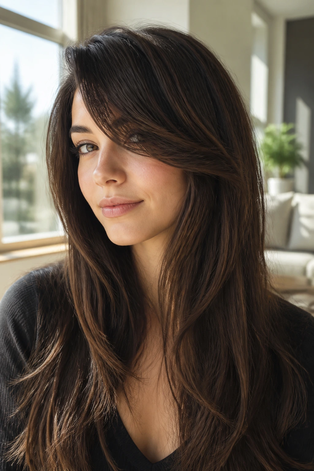 Portrait of a woman with long side bangs sweeping across forehead.