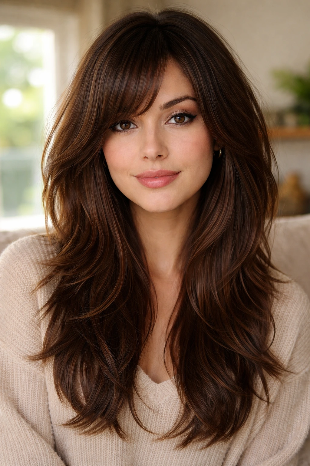 Close-up portrait of a real woman with long brown shag hair and curved side bangs