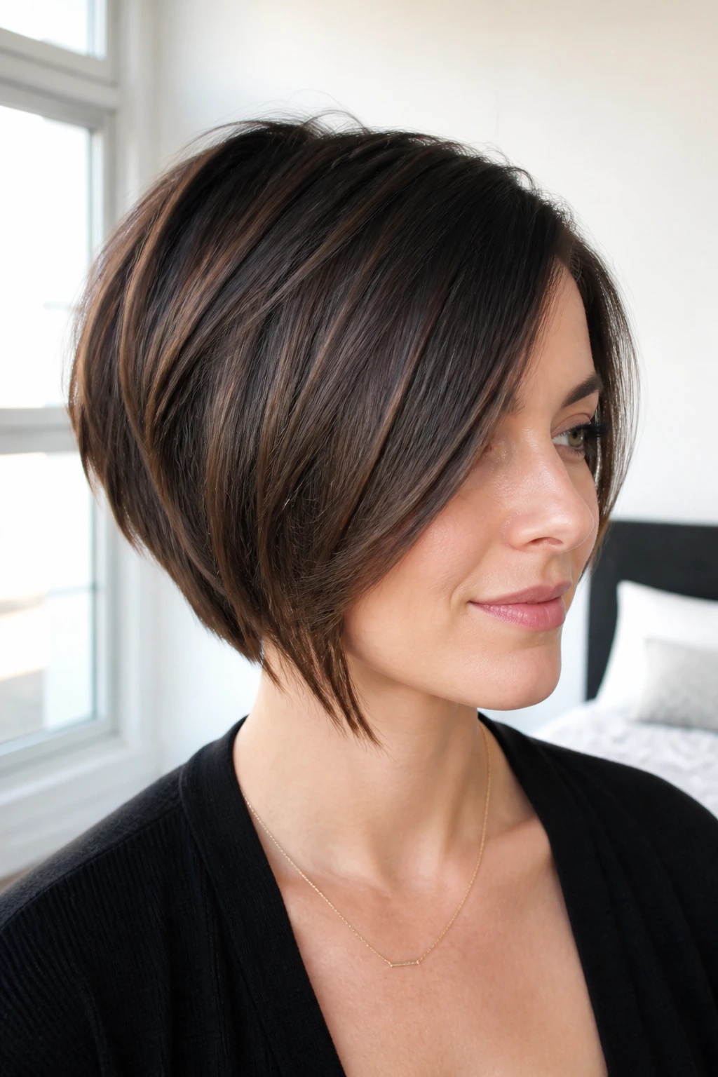 Portrait of a real woman with a long side fringe in a graduated bob.