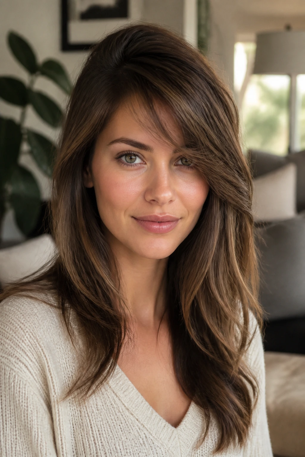 Close-up of a real woman with long side fringe and root volume.