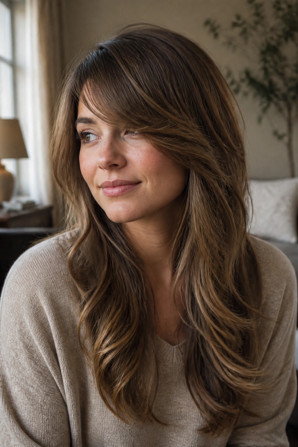 Close-up portrait of a real woman with long hair and side-swept bangs