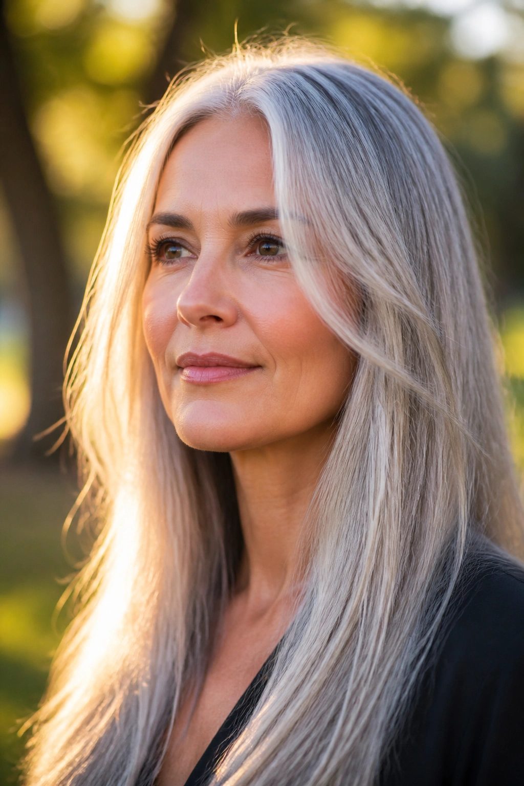 Close-up of a real woman with long silver hair and face-framing pieces