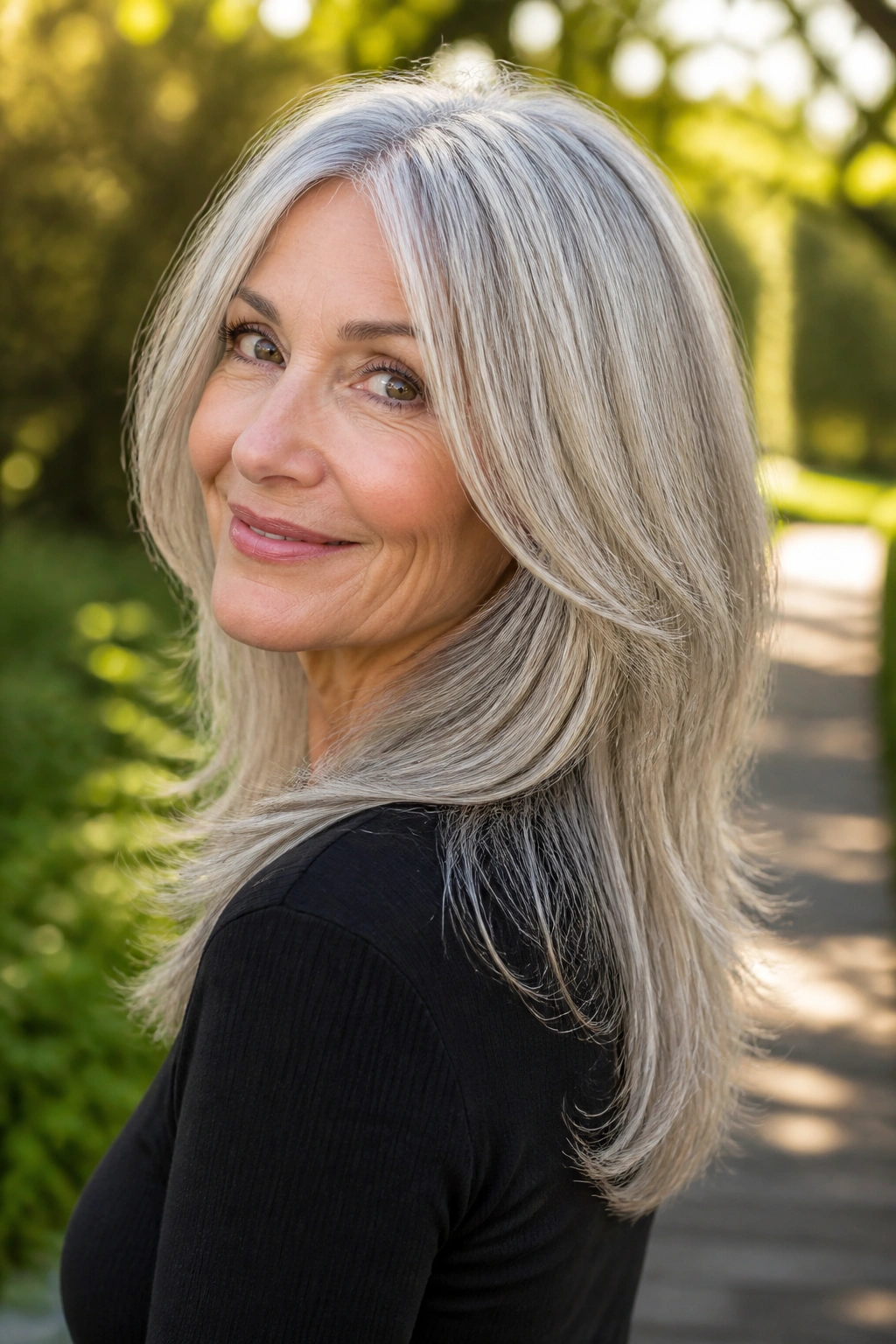 Close-up portrait of a real woman with long silver layers and a U-shaped back in garden light