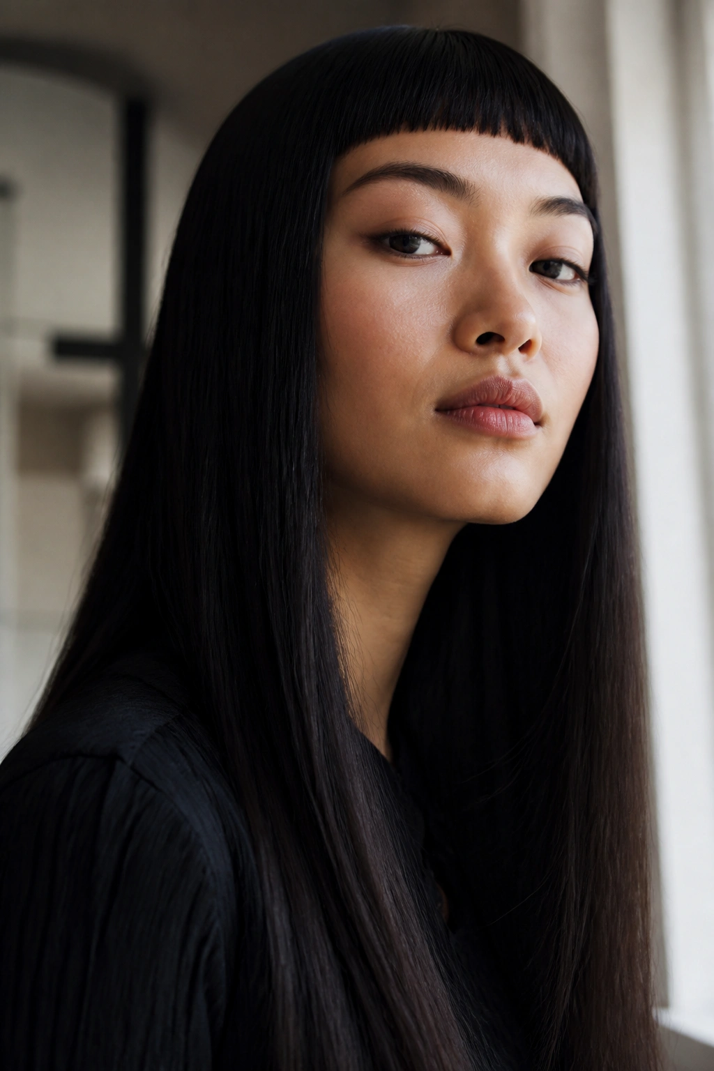 Close-up portrait with long sleek hair and micro bangs